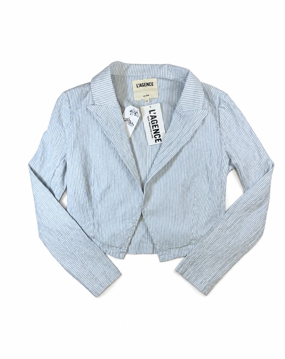 L’AGENCE Women’s Seersucker Striped Cropped Blazer Size S Blue White NWT
